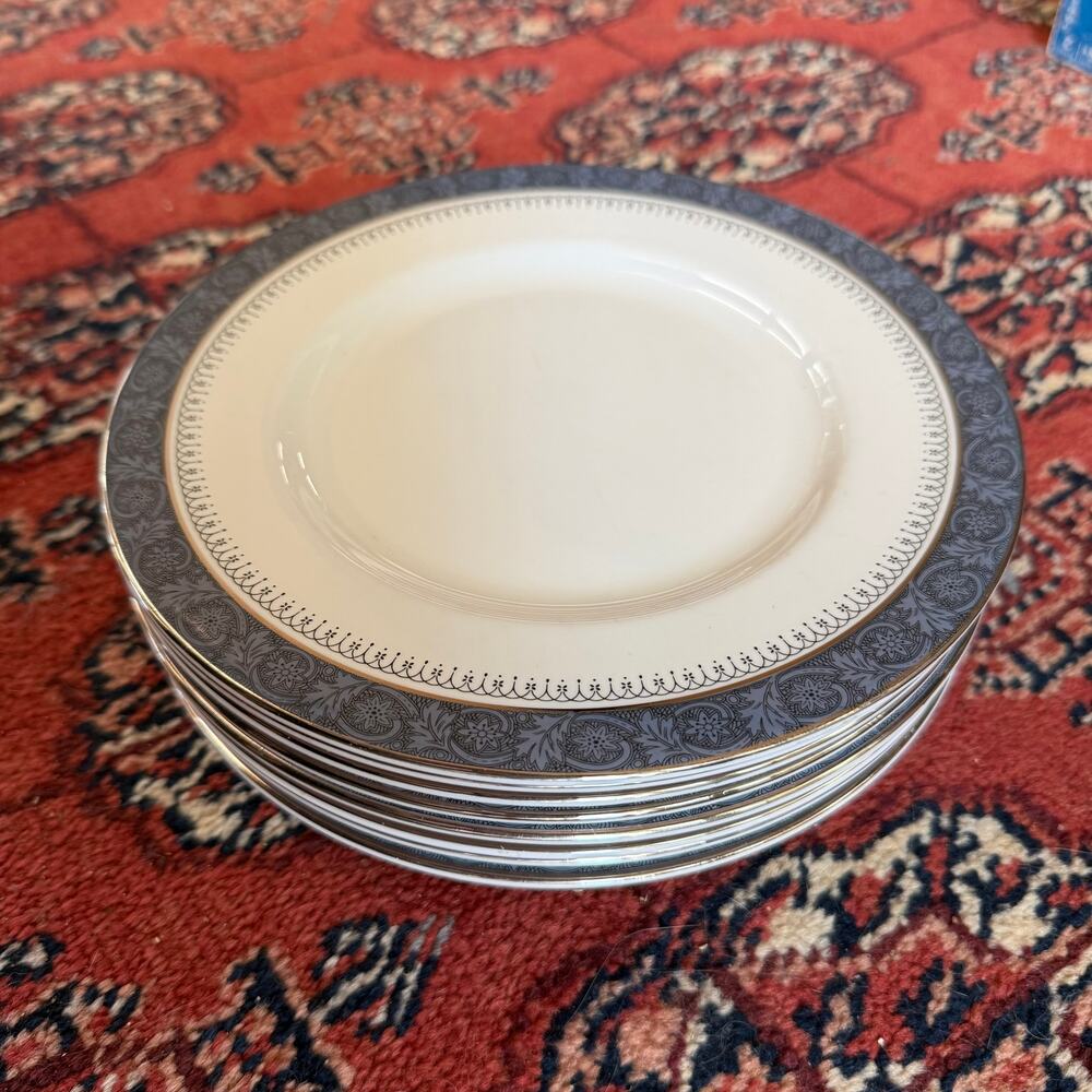 Royal Doulton Sherbrooke 8" Salad Plate Slate Blue, Black Scrolls, Platinum Band